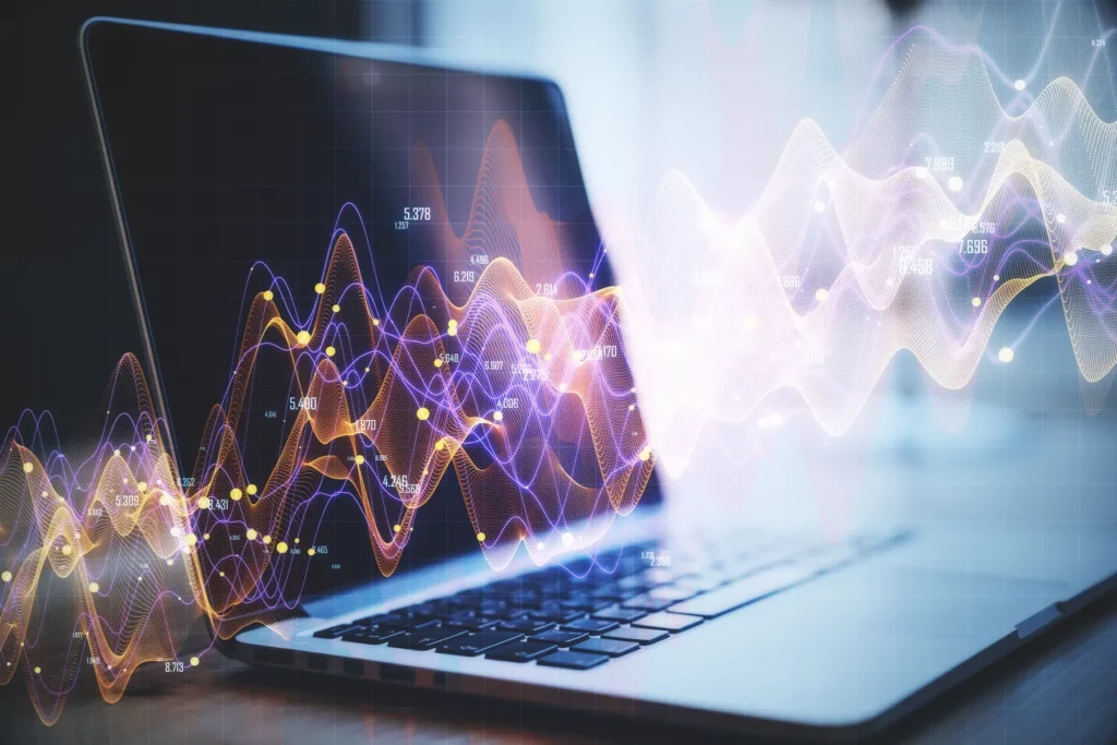 data migration tool illustrated with abstract waves on laptop, used for ArchiveMASH