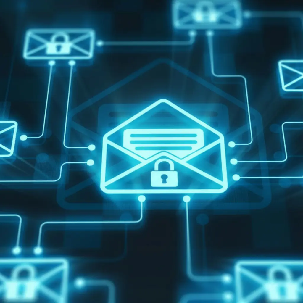 email icons with locks on them interconnected to represent migrating encrypted messages