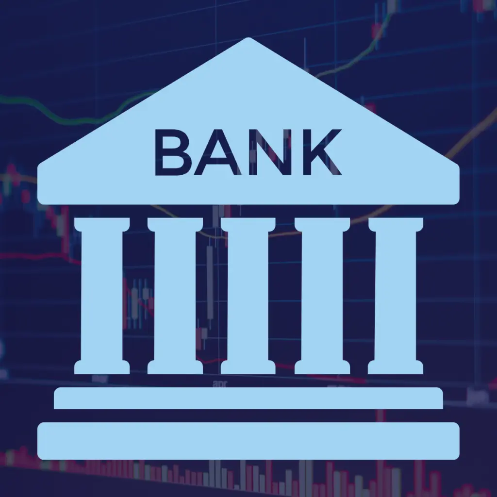 graphic icon of a bank over a background of stock market graph data governance in finance